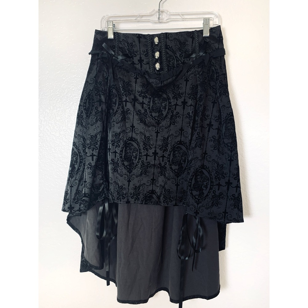 Banned High Low Skirt Women XL Black Gothic Velvet Damask Cameo Victorian Goth - Picture 5 of 15